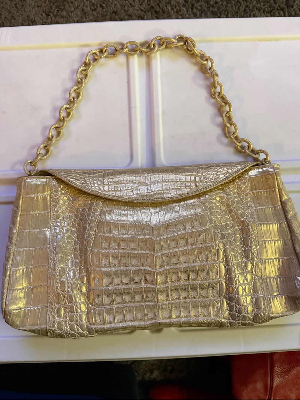 Nancy Gonzalez Metallic Gold Croc-Embossed Shoulder Bag with Chain Strap